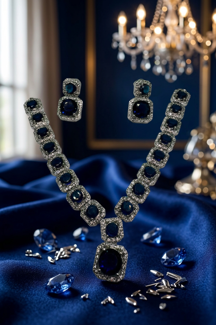 Beautiful Blue Neelam American Diamond Partywear Necklace Set