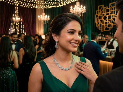 Party Wear Unique American Diamond Green Heavy Necklace Set