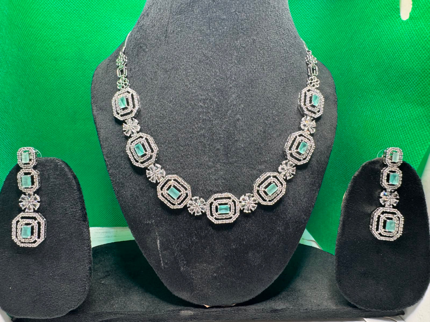 Party Wear Unique American Diamond Green Heavy Necklace Set