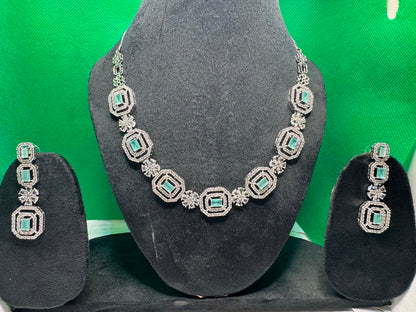 Party Wear Unique American Diamond Green Heavy Necklace Set