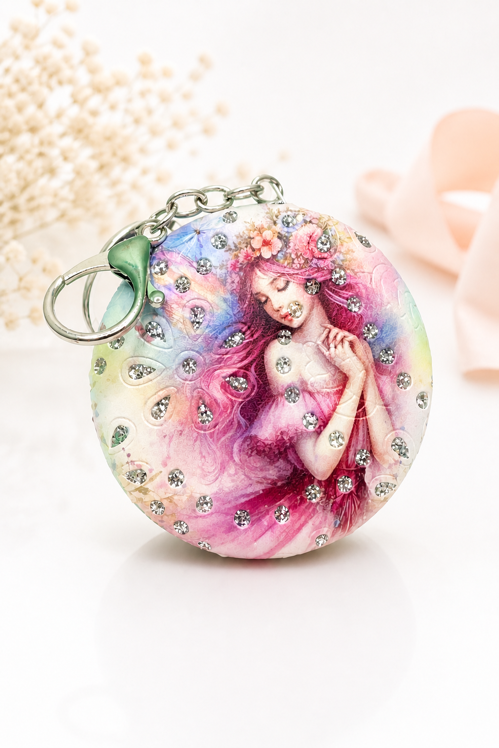Elegant Floral Compact Mirror with Keychain
