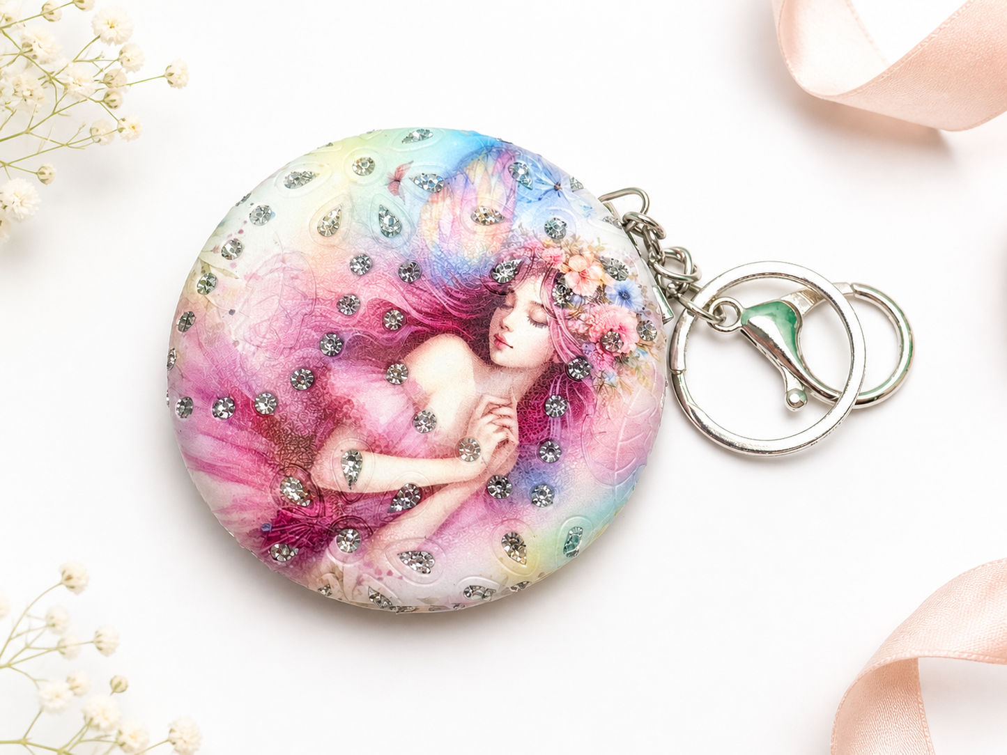 Elegant Floral Compact Mirror with Keychain