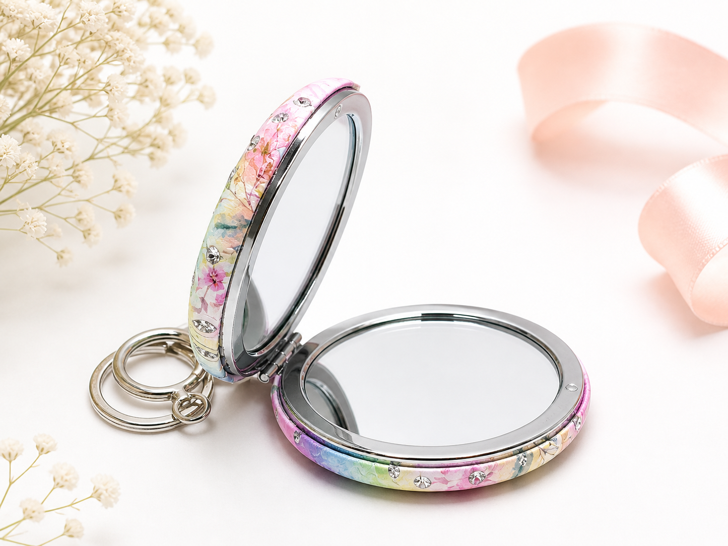 Elegant Floral Compact Mirror with Keychain