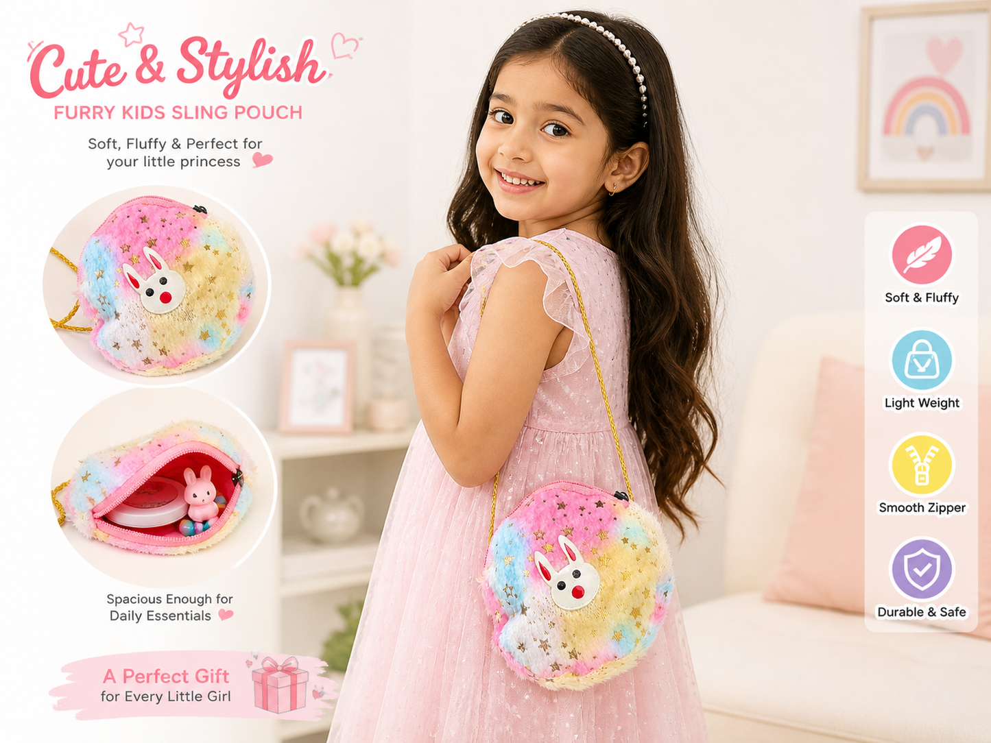 Soft Furry Crossbody Pouch for Girls | Lightweight Mini Bag