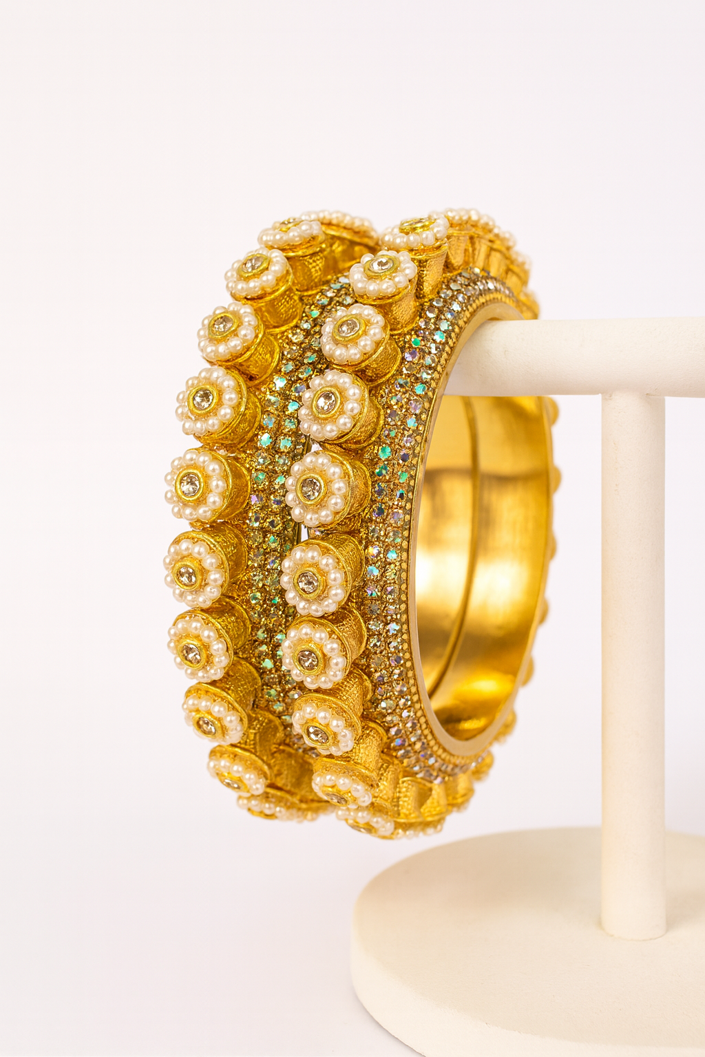 Grihini Traditional Indian Pearl Designer Pacheli Kade for Women | Gold Plated Statement Bridal Bangles