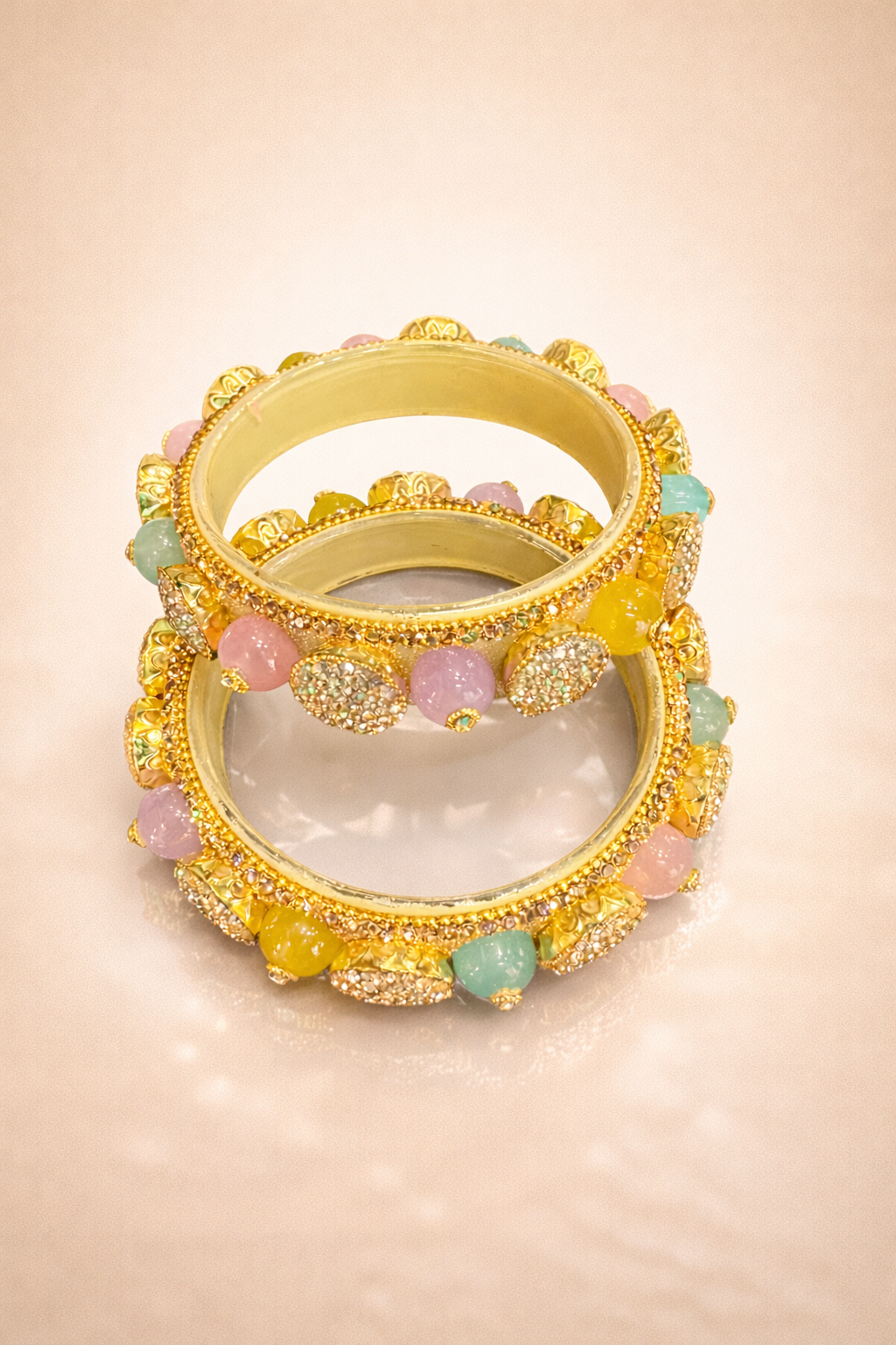 Elegant Gold Bangles With Multi Colored Stones And Crystals